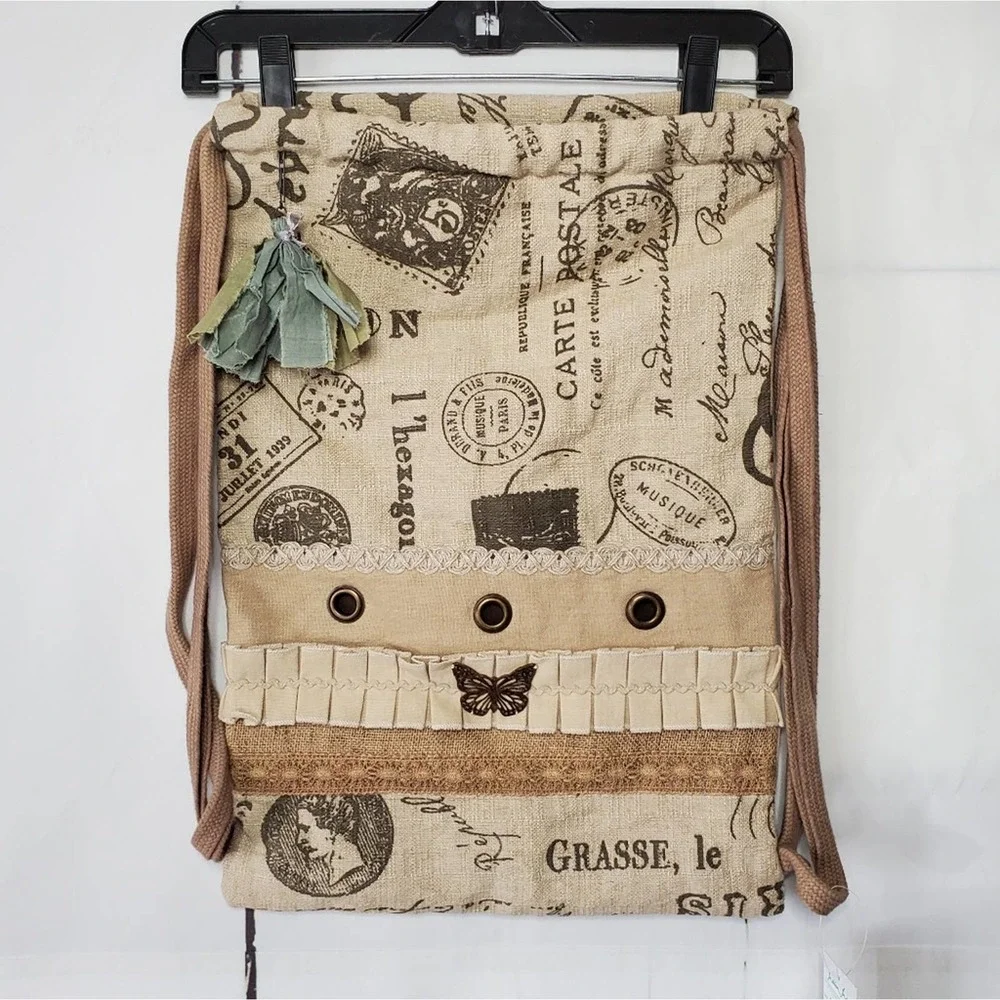 *SOLD* Indian Inc. Butterfly Boho Burlap Knapsack Bag - Picture 1 of 8